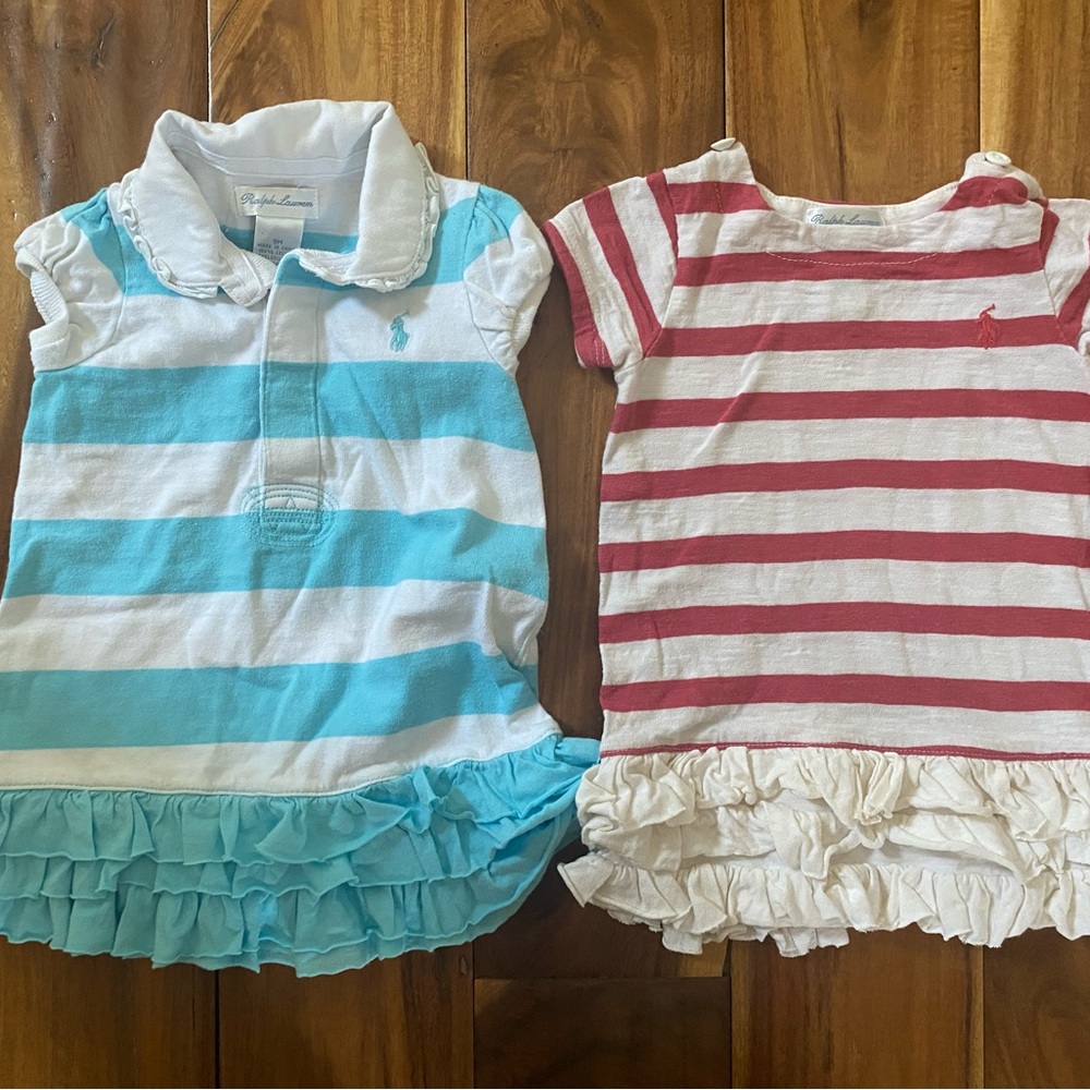 Ralph Lauren Baby Girl Blue and Red Striped Polo Dresses Size 9 Months